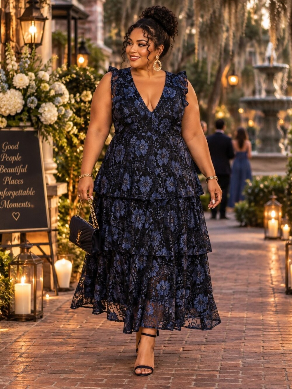 NWOT Lulu's Navy Blue Lace Ruffled Tiered Sleeveless Maxi Dress Size XL=14